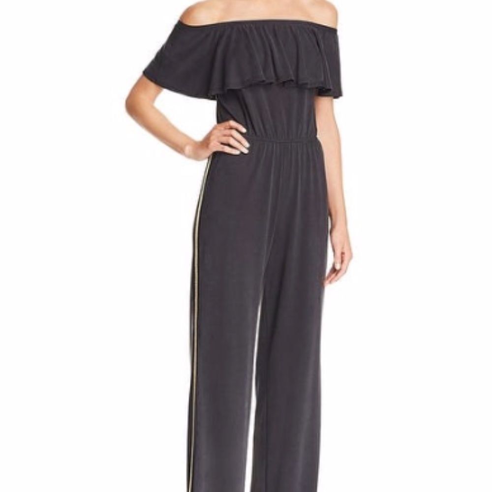 Vintage Havana Metallic Stripe Off-the-Shoulder Jumpsuit